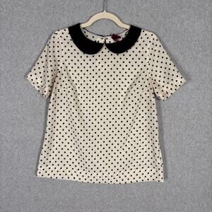 Merona Blouse Medium Cream Polka Dot Twee Royal Feminine Quirky Career VTG 50s